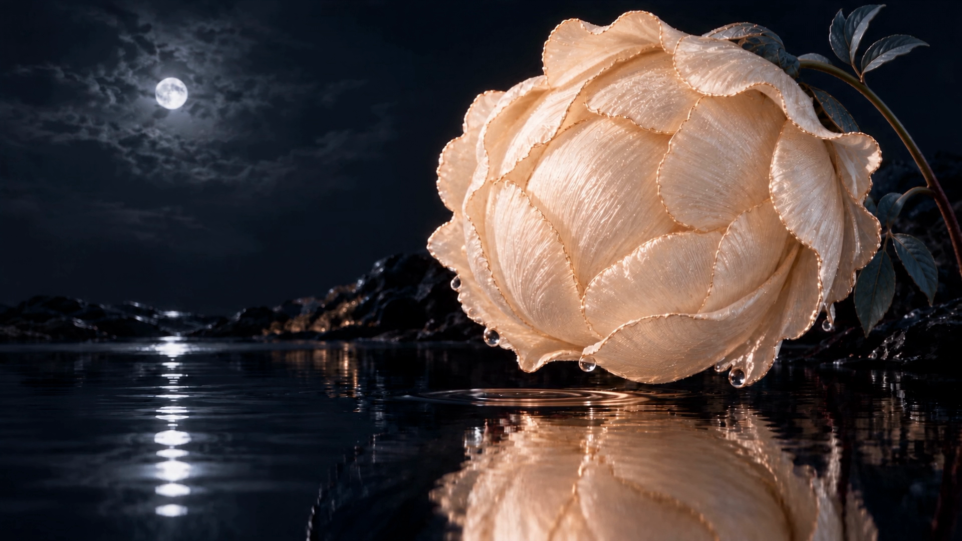 A rounded pearl-ivory peony bud arches over moonlit water from a planted shoreline.